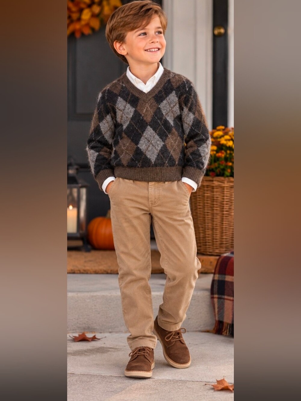 NEW GAP Boys Small Argyle Wool Alpaca Sweater Brown Black Gray Preppy